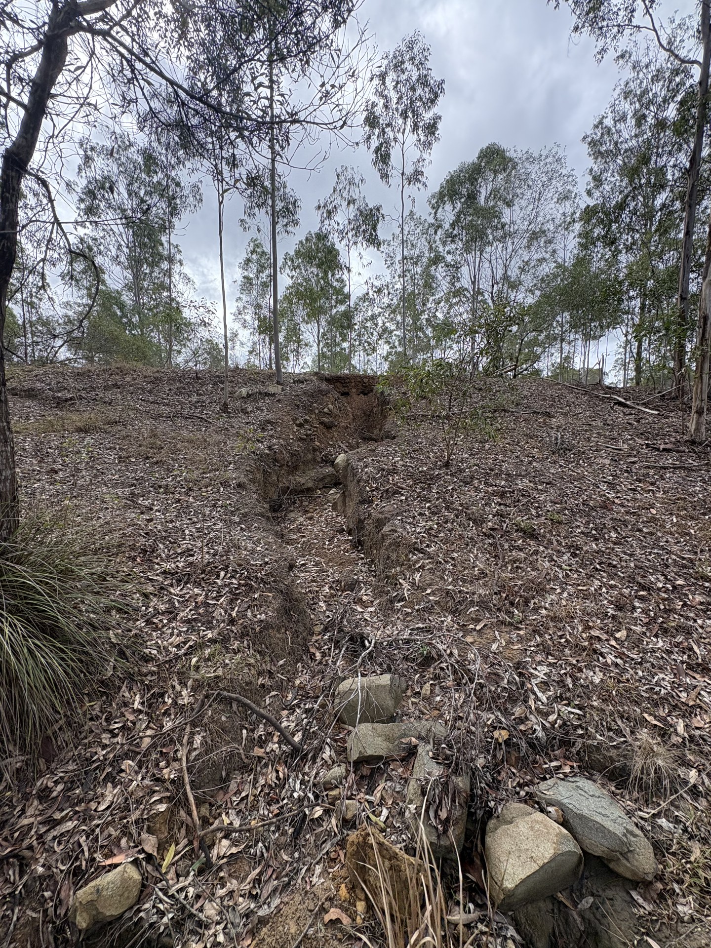 Dam wall with erosion and leaking ground before repair works near Gympie QLD