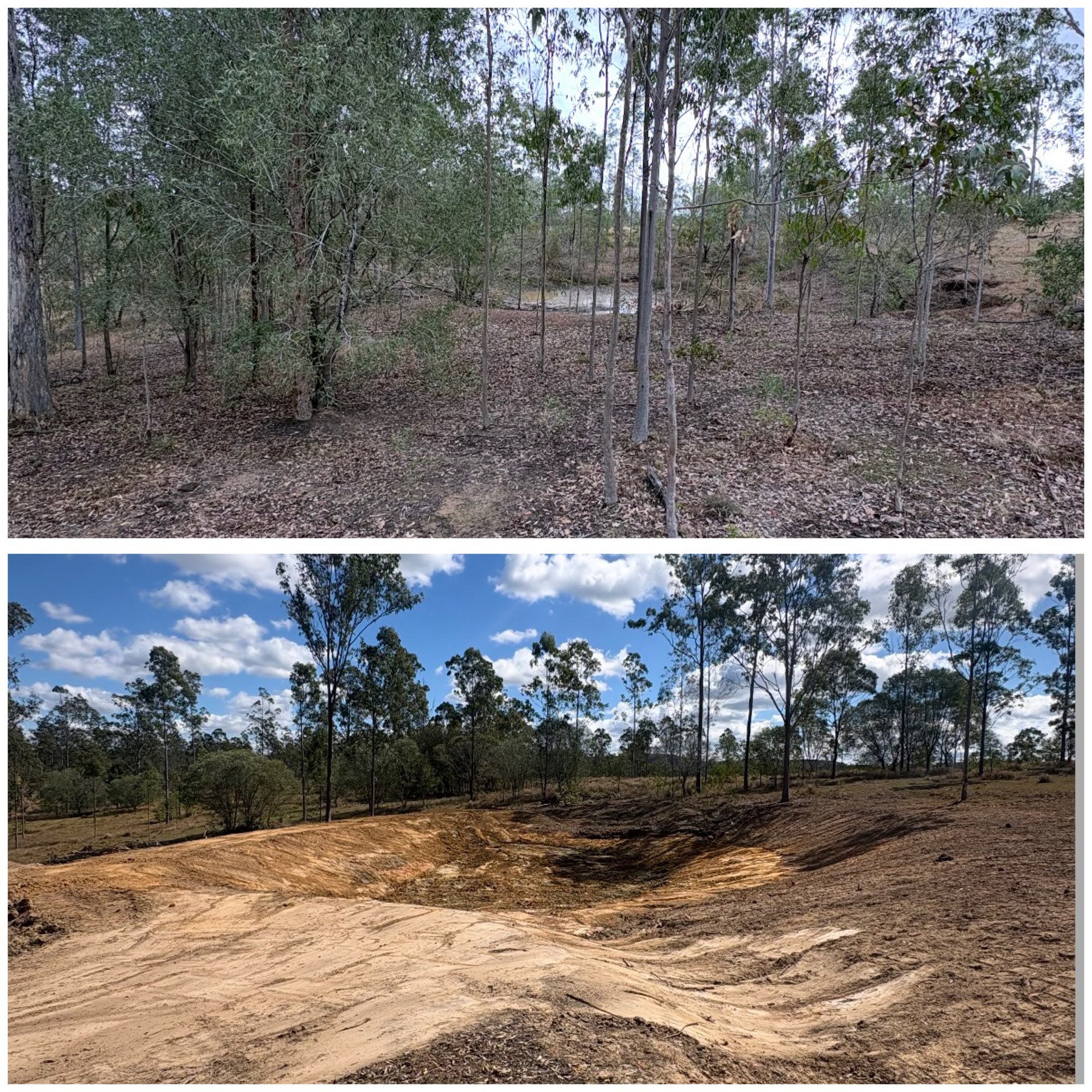Before and after comparison of a silted dam desilted and wall rebuilt near Gympie QLD