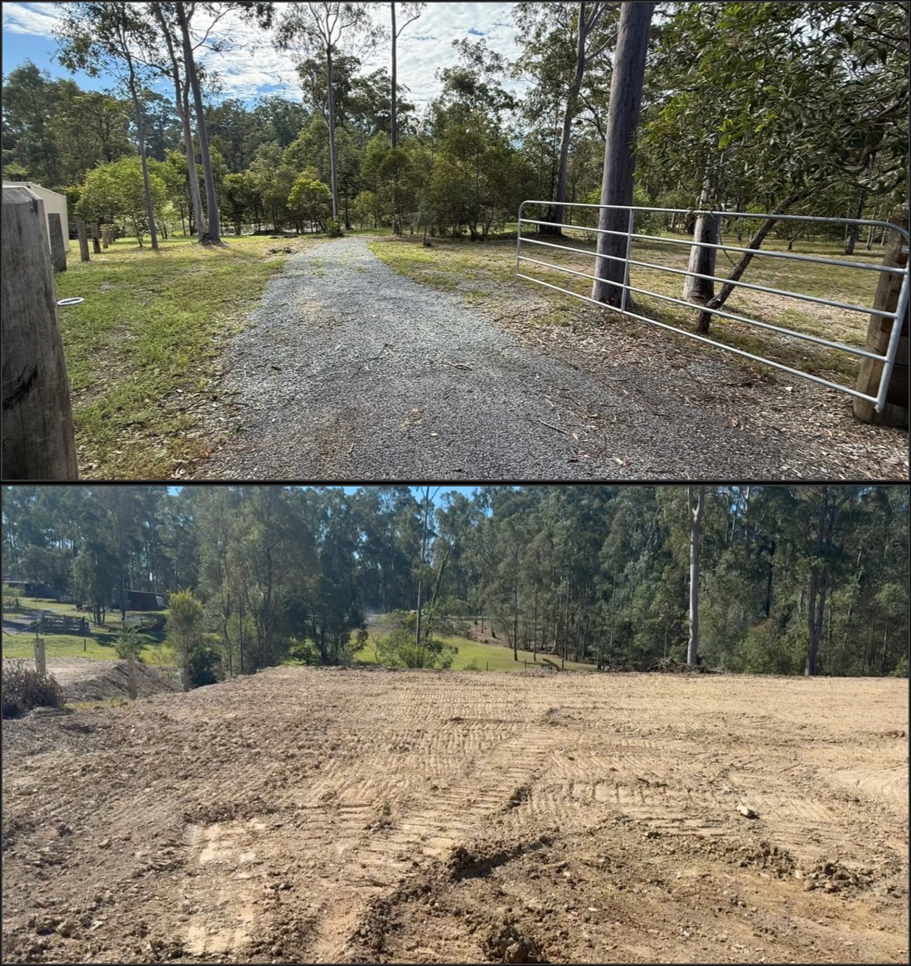 Before and after comparison of overgrown ground cleared and graded near Gympie QLD