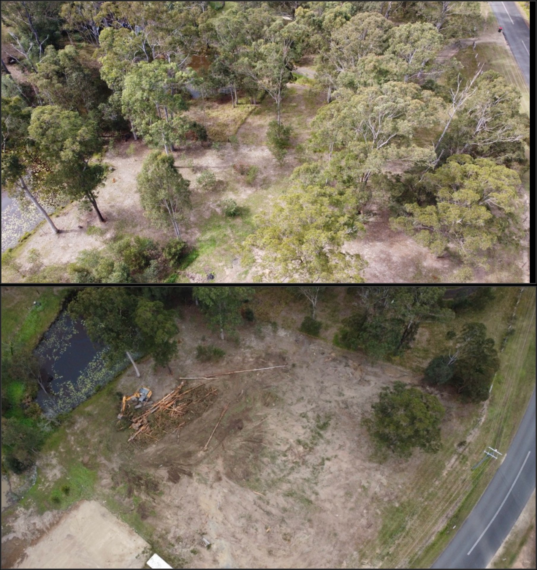 Before and after comparison of a yard reshaped and cleared near Gympie QLD